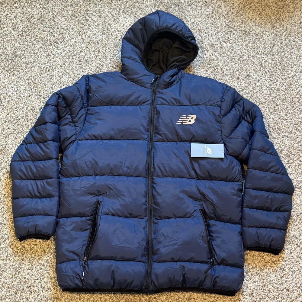 New Balance Tech Puffer Jacket Hooded Logo Blue Mens Size Medium